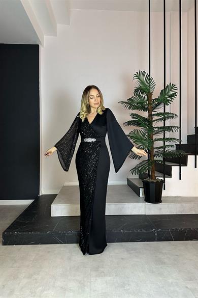 G0848 Payet Detaylı Maksi Tasarım Abiye Siyah