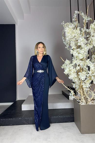 G0848 Payet Detaylı Maksi Tasarım Abiye Lacivert