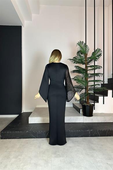 G0848 Payet Detaylı Maksi Tasarım Abiye Siyah