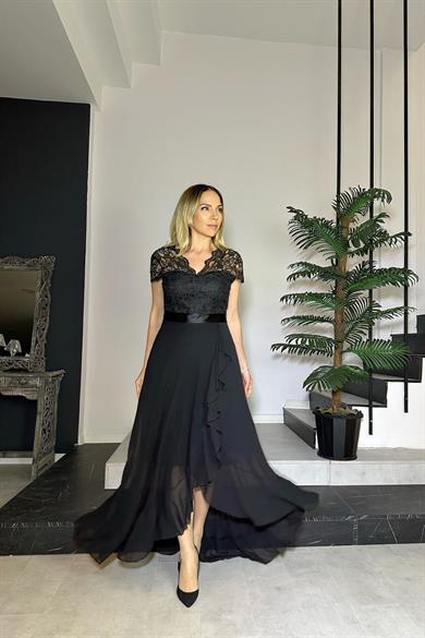 G0867 Dantel Detaylı Volanlı Şifon Abiye Elbise Siyah