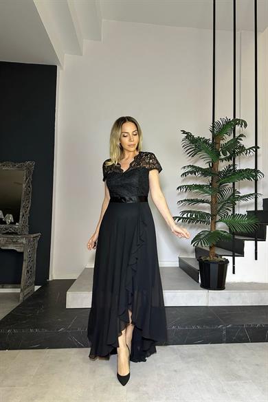 G0867 Dantel Detaylı Volanlı Şifon Abiye Elbise Siyah