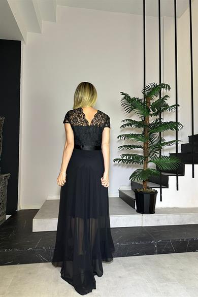 G0867 Dantel Detaylı Volanlı Şifon Abiye Elbise Siyah