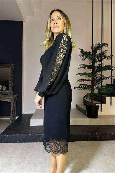 G0870 Dantel ve Kol Detaylı Abiye Elbise Siyah