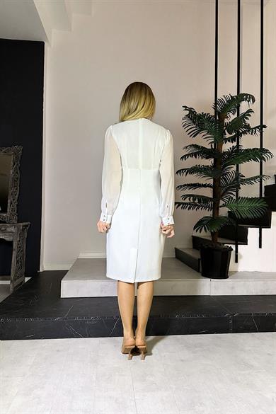 G0871 V-Neck Chiffon Sleeve Pencil Dress White