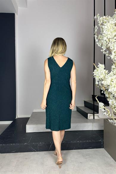 G0889 Taş ve Drape Detaylı Simli Abiye Elbise Zümrüt