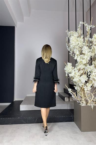 G0904 Kolları Otriş ve Taş Detaylı Elbise Siyah