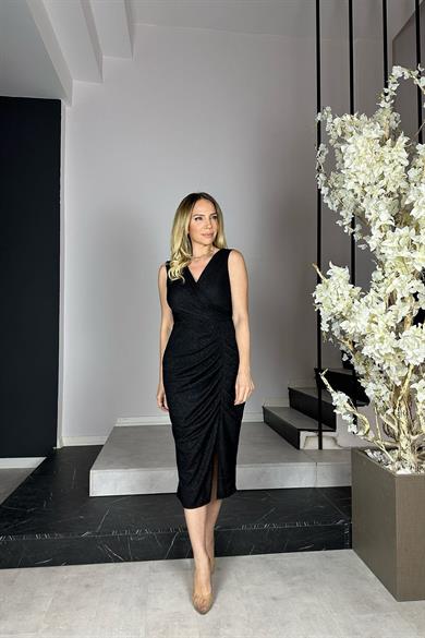 G0909 Drape Detaylı Simli Abiye Elbise Siyah