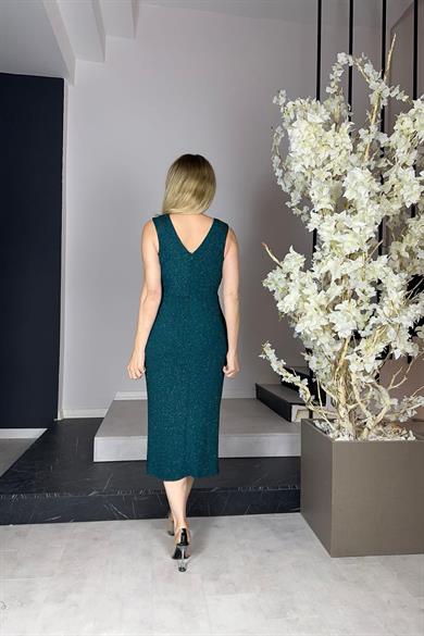 G0909 Drape Detaylı Simli Abiye Elbise Zümrüt