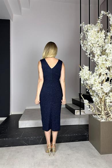G0909 Drape Detaylı Simli Abiye Elbise Lacivert