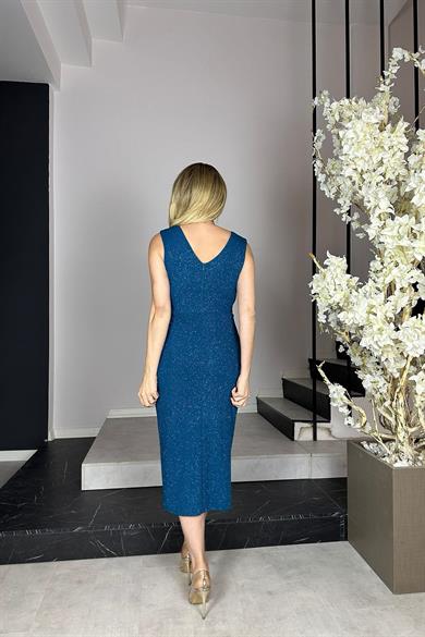 G0909 Drape Detaylı Simli Abiye Elbise Petrol