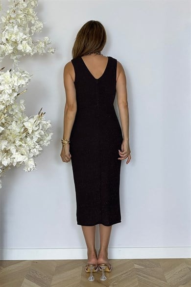 G0909 Drape Detaylı Simli Abiye Elbise Kahverengi