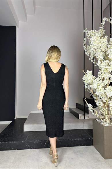 G0909 Drape Detaylı Simli Abiye Elbise Siyah