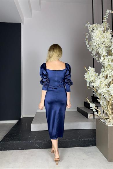 G0910 Drape Detaylı Saten Abiye Elbise Lacivert