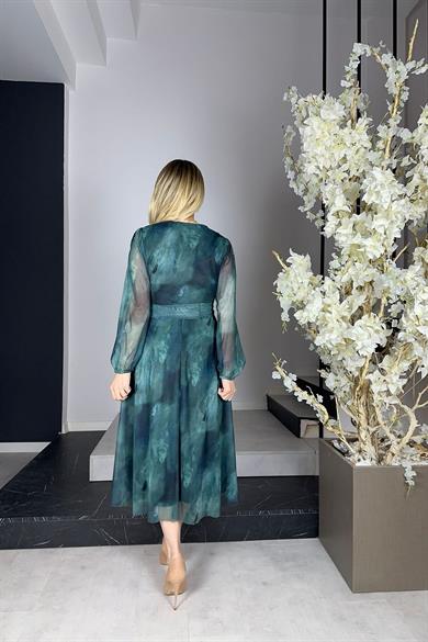 G0912 Kuşaklı Tül Elbise Desenli