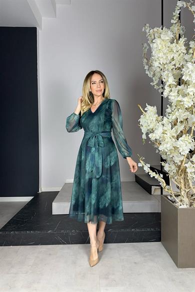 G0912 Kuşaklı Tül Elbise Desenli