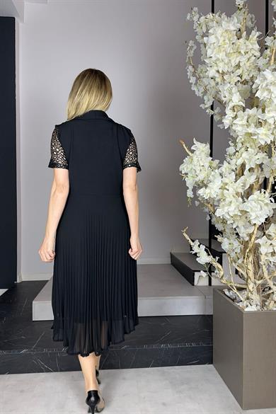G0924 Kolları Dantel Piliseli Elbise Siyah