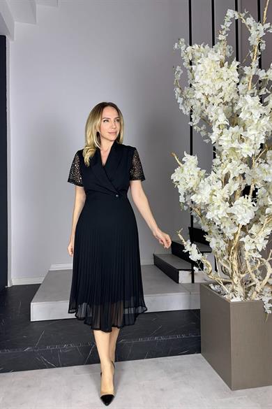 G0924 Kolları Dantel Piliseli Elbise Siyah