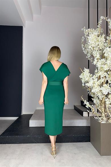 G0930 İnci Detaylı Kemerli Abiye Elbise Zümrüt