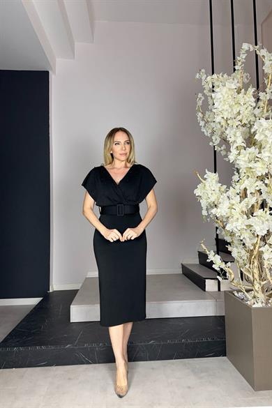 G0930 İnci Detaylı Kemerli Abiye Elbise Siyah