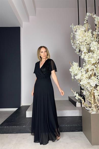 G0931 Payet Detaylı Şifon Abiye Ebise Siyah