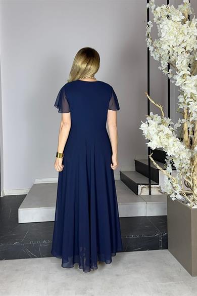 G0931 Payet Detaylı Şifon Abiye Ebise Lacivert