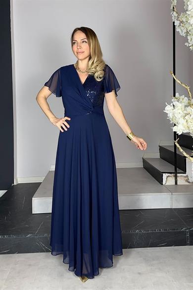 G0931 Payet Detaylı Şifon Abiye Ebise Lacivert