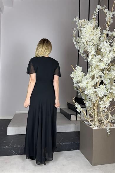 G0931 Payet Detaylı Şifon Abiye Ebise Siyah