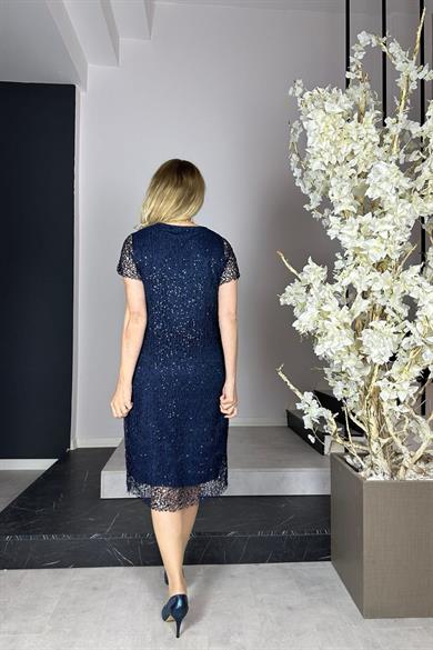 G0935 Payetli Dantel Elbise Lacivert