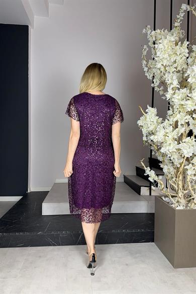 G0935 Payetli Dantel Elbise Mürdüm