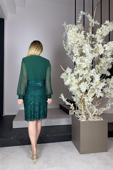 G0948 Kruvaze Yaka Payetli Abiye Elbise Yeşil