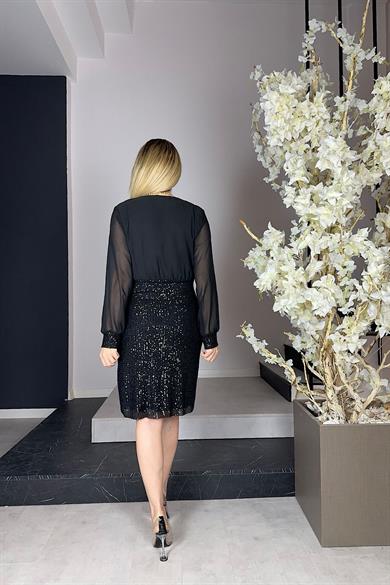 G0948 Kruvaze Yaka Payetli Abiye Elbise Siyah