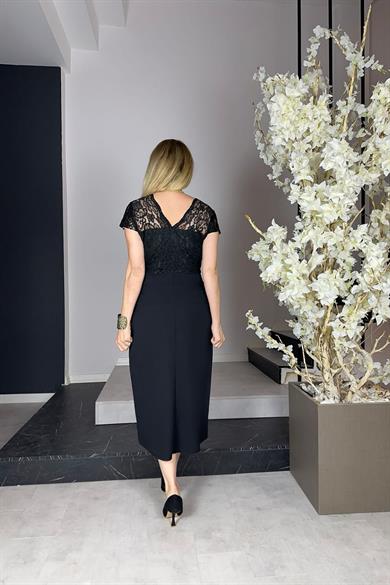 G0963 Dantel Detaylı Abiye Elbise Siyah