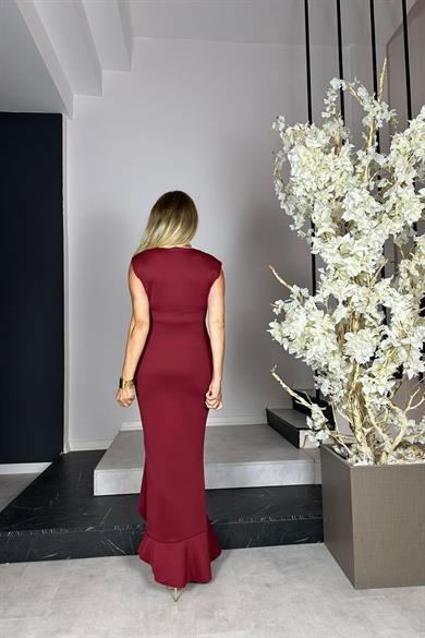 G0964 Volan Detaylı Abiye Elbise Bordo
