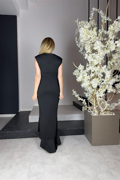 G0964 Volan Detaylı Abiye Elbise Siyah