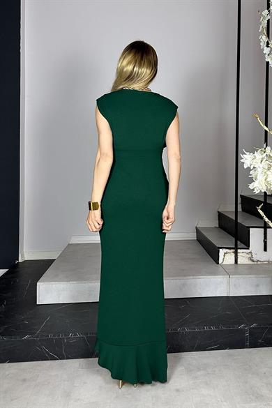 G0964 Volan Detaylı Abiye Elbise Zümrüt