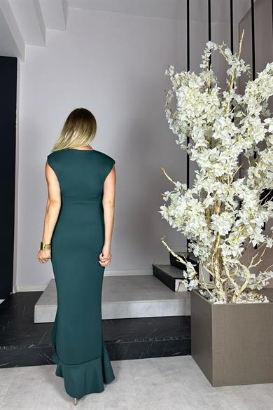 G0964 Volan Detaylı Abiye Elbise Zümrüt