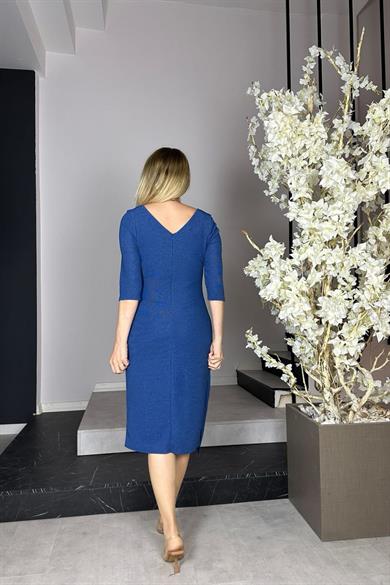 G0972 TaStone Detailed Draped Evening Dress Indigo