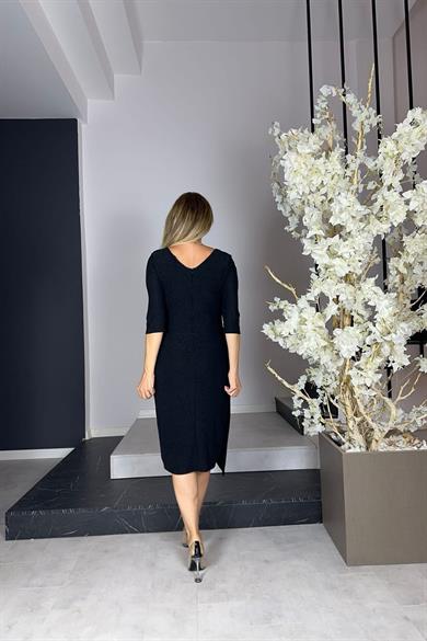 G0972 Taş Detaylı Drapeli Abiye Elbise Siyah