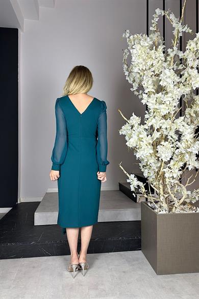 G0983 Taş Detaylı Şifon Kollu Abiye Elbise Zümrüt