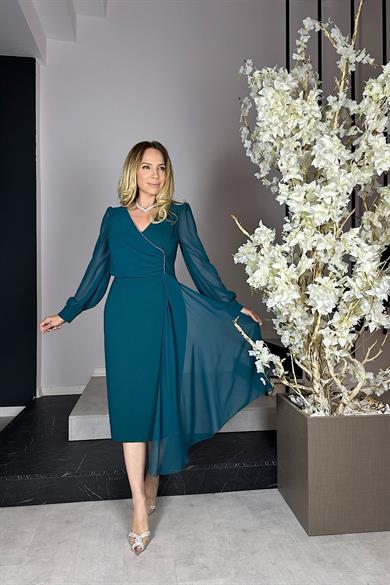 G0983 Taş Detaylı Şifon Kollu Abiye Elbise Zümrüt