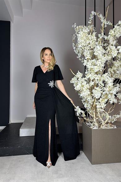 G0985 Taş Detaylı Simli Maksi Abiye Elbise Siyah