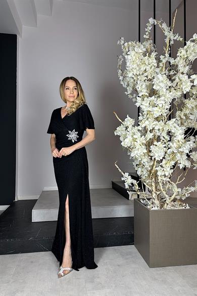 G0985 Taş Detaylı Simli Maksi Abiye Elbise Siyah