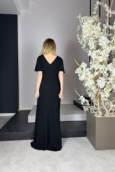 G0985 Taş Detaylı Simli Maksi Abiye Elbise Siyah