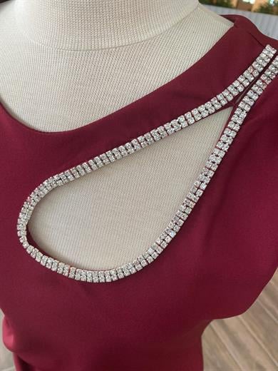G0995 Stone Detailed Draped Evening Dress Claret Red