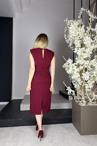 G0995 Stone Detailed Draped Evening Dress Claret Red
