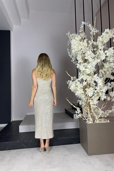 G1000 Midi Boy Payet Abiye Elbise Krem