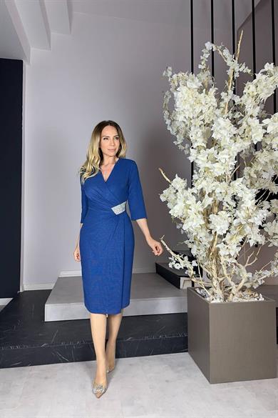 G1004 Taş Detaylı Simli Abiye Elbise İndigo