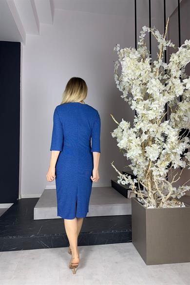 G1004 Taş Detaylı Simli Abiye Elbise İndigo