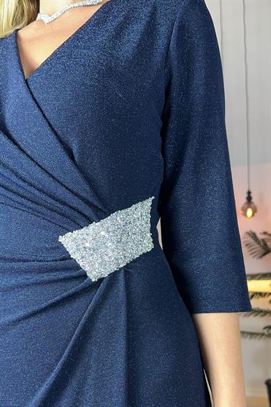 G1004 Taş Detaylı Simli Abiye Elbise Lacivert