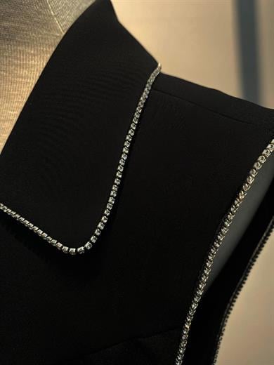 G1022 Yaka ve Kol Taş Detaylı Tasarım Elbise Siyah